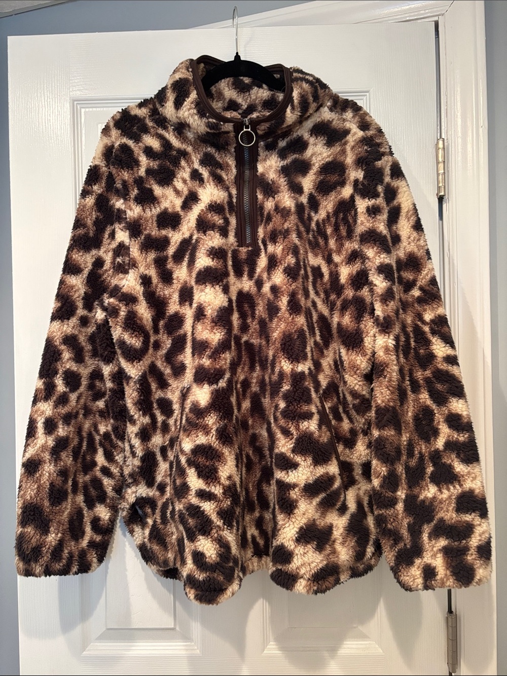 Cozy Sherpa Leopard Print Teddy Half-Zip Jacket - Brown/Cream